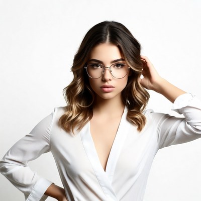 Woman in glasses touching hair