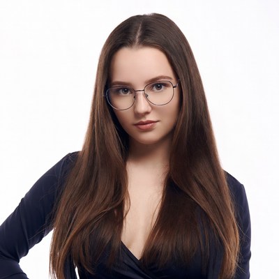Young woman with glasses on white background
