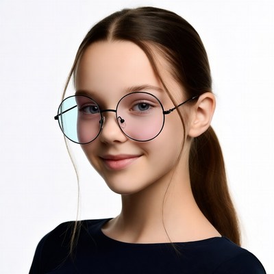 Girl wearing round blue tinted glasses