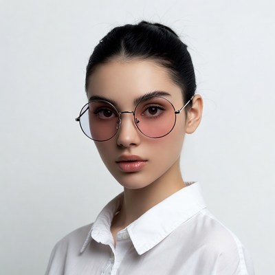 Woman in pink tinted round glasses