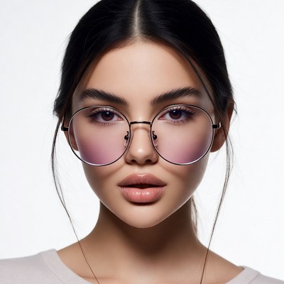 Woman with pink tinted round glasses