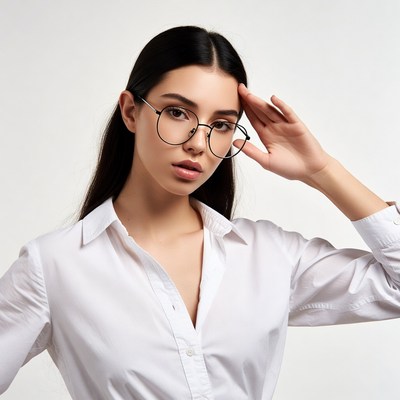 Asian woman in glasses touching forehead