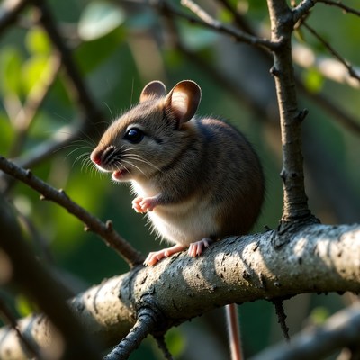 Mouse perched on tree branch