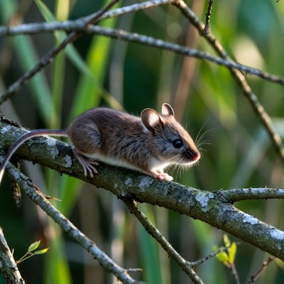 Brown mouse on tree branch