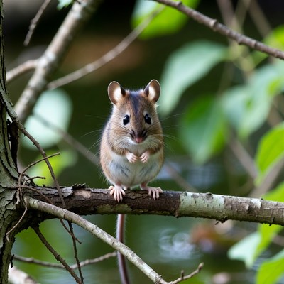 Cute field mouse on tree branch