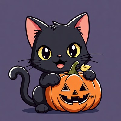Cute black cat holding pumpkin