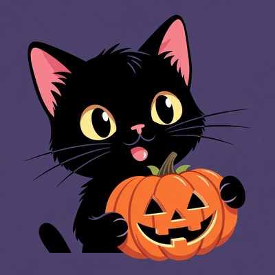 Black cat holding jack-o-lantern pumpkin