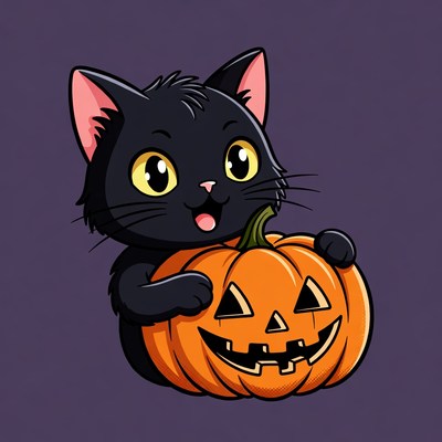 Black kitten hugging jack-o-lantern