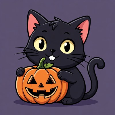 Cute black kitten holding jack-o-lantern