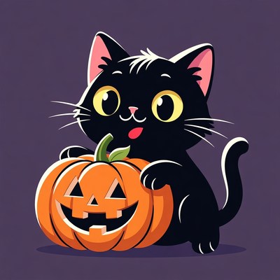 Black cat holding jack-o-lantern pumpkin