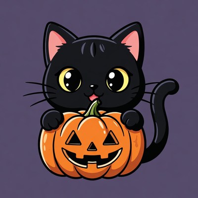 Cute black cat holding jack-o-lantern