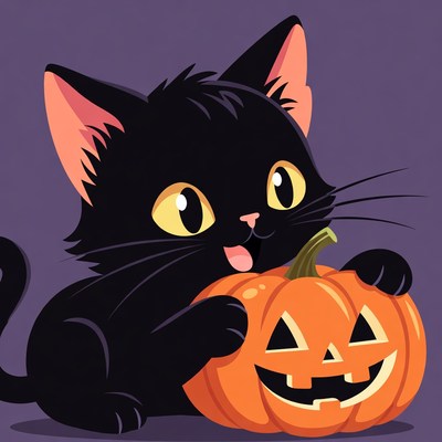 Black Kitten Holding Jack-o-Lantern Pumpkin