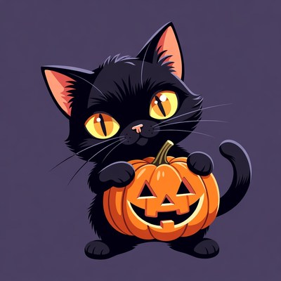 Cute black kitten holding pumpkin