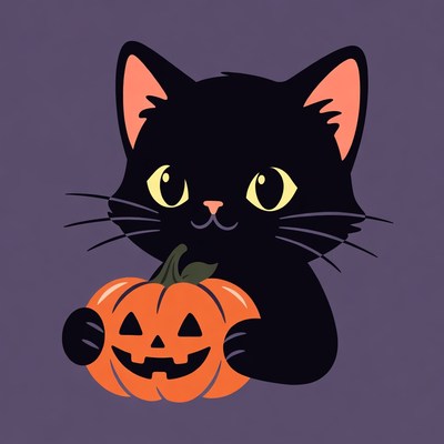 Black cat holding jack-o-lantern