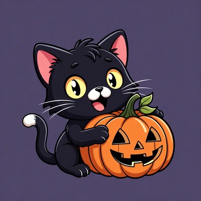 Cute black kitten hugging jack-o-lantern