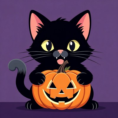 Black Kitten Holding Jack-o-Lantern