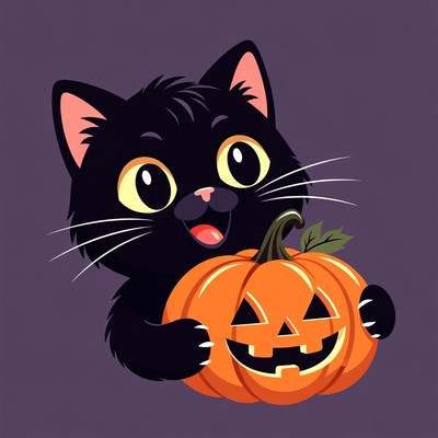 Black cat holding pumpkin