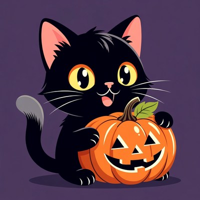 Cute black cat holding jack-o-lantern