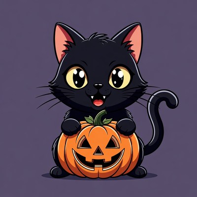 Cute black cat holding pumpkin