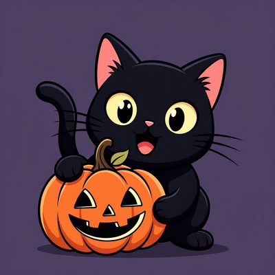 Black Cat Holding Jack-o-Lantern