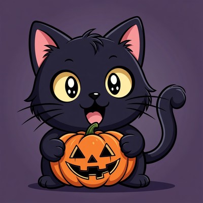 Cute black cat holding pumpkin