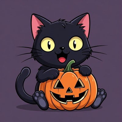 Cute black kitten holding pumpkin