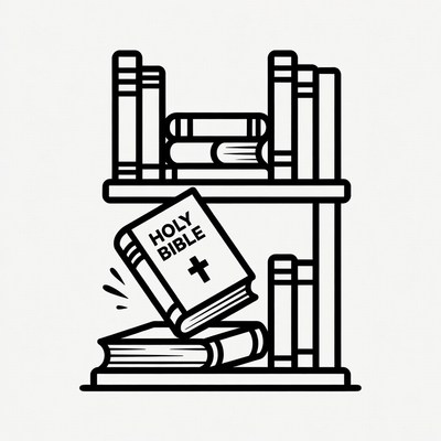 Holy Bible Falling from Bookshelf