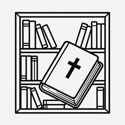Bible Leaning on Bookshelf Illustration