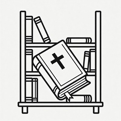 Bookshelf with open Bible illustration