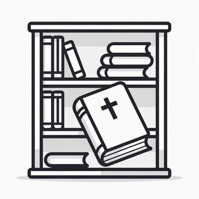 Bookshelf with open Bible