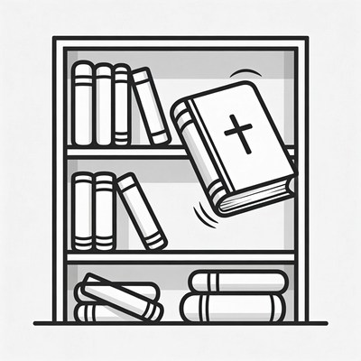 Bible Flying from Bookshelf Illustration