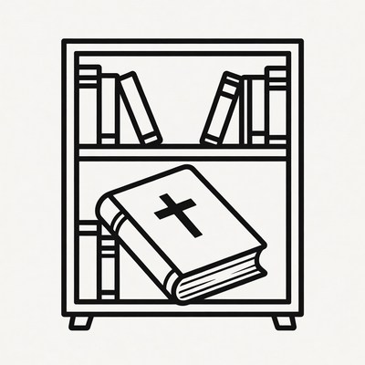 Bookshelf with Bible and Cross