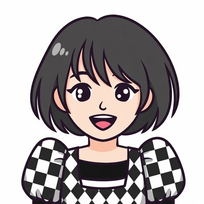 Smiling anime girl in checkered dress
