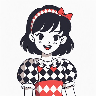 Anime girl in harlequin outfit smiling