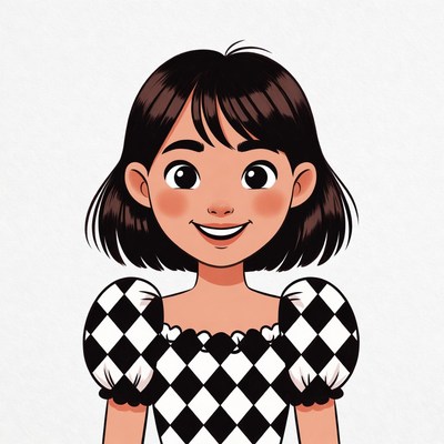 Smiling Asian girl in checkered dress