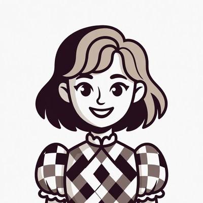 Smiling cartoon girl in checkered dress