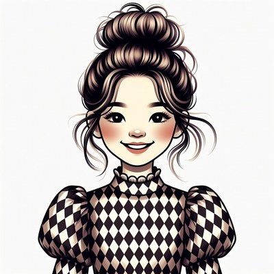 Asian woman in checkered dress smiling