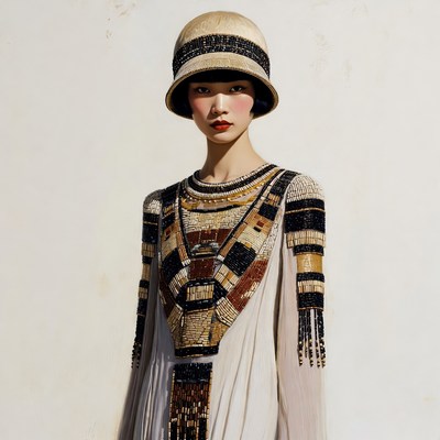 Asian woman in 1920s beaded flapper dress