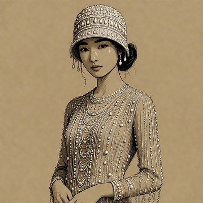 Asian woman in beaded 1920s flapper dress