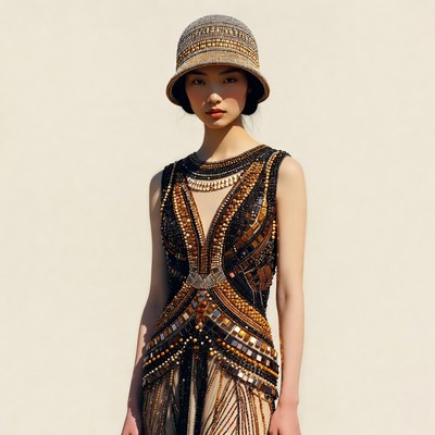 Asian woman in beaded flapper dress