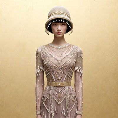 Asian woman in beaded flapper dress