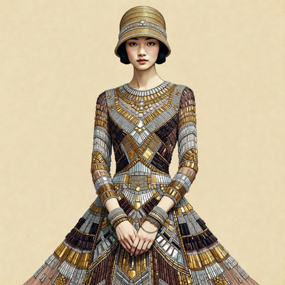 Asian woman in gold Art Deco dress