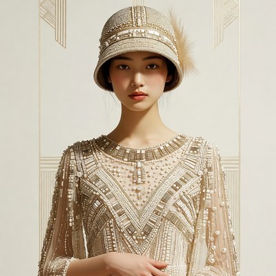 Asian woman in beaded flapper dress