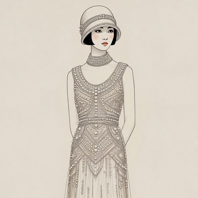 Asian woman in beaded flapper dress