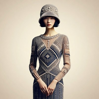 Asian woman in beaded flapper dress