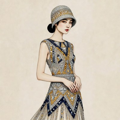 Asian woman in Art Deco dress and hat