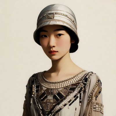 Asian woman in silver cloche hat