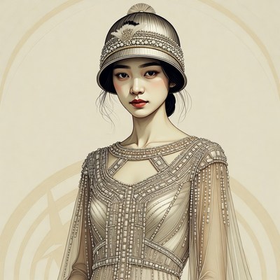 Asian woman in beaded flapper dress