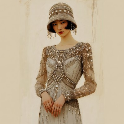Asian woman in beaded flapper dress