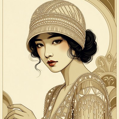 Asian woman in beaded flapper hat